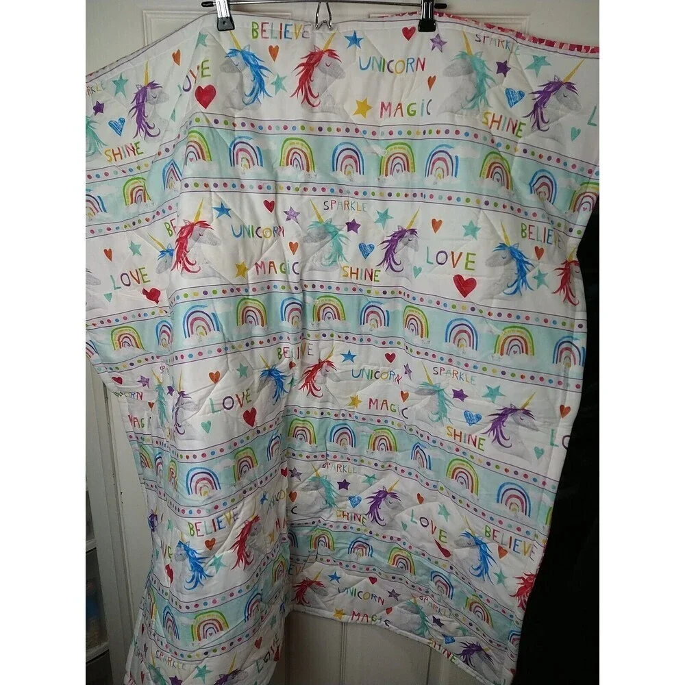 Handmade unicorn Rainbow Flower Heart Quilted Girls Lap/baby Quilt Size37.5
